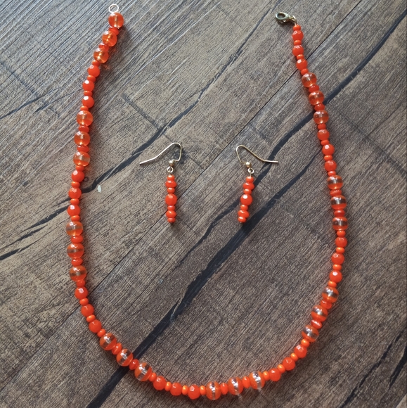Necklace & Earrings Set, Glass & Plastic Beads. Orange Color. 🤩🍂🍁 - Picture 4 of 4